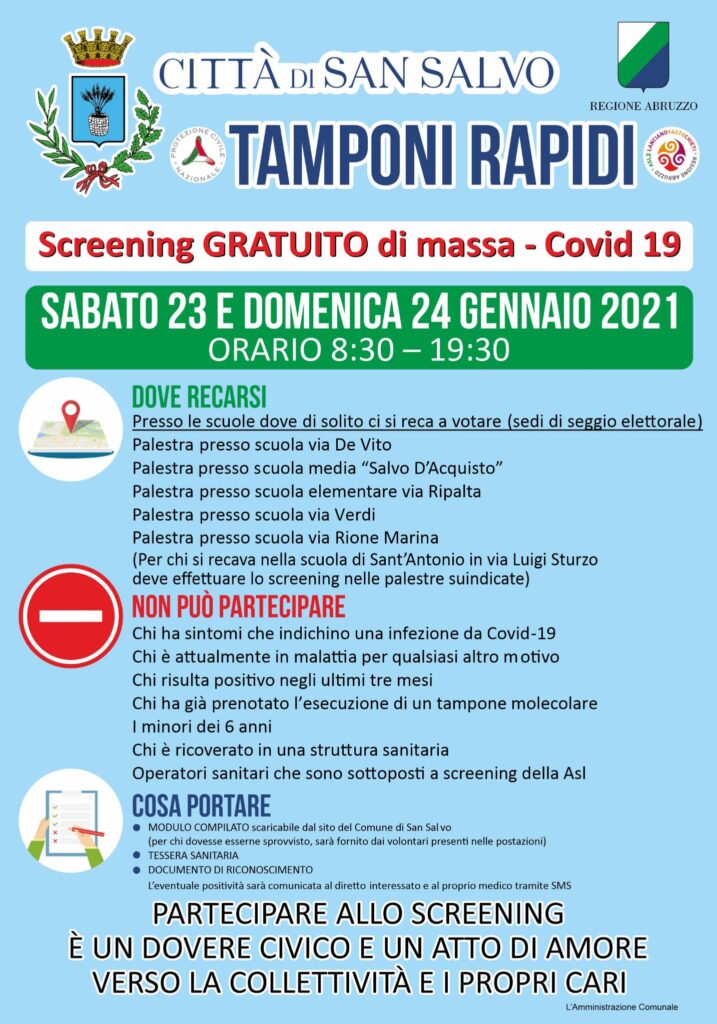 Tamponi rapidi e gratuiti per la popolazione di San Salvo 23 e 24 gennaio 2021