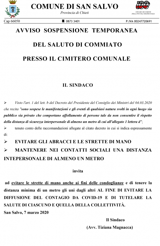 Coronavirus, avviso sospensione temporanea del saluto di commiato