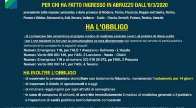 Ordinanza del presidente della Regione per chi ha fatto ingresso in Abruzzo dall’8 marzo 2020