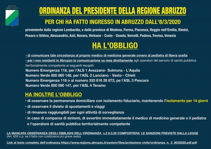 Ordinanza del presidente della Regione per chi ha fatto ingresso in Abruzzo dall’8 marzo 2020