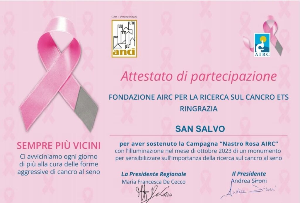 Nastro Rosa, attestato Airc al Comune di San Salvo