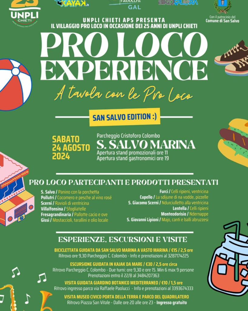 Sabato a San Salvo la “Pro Loco Experience – A tavola con le Pro Loco” per festeggiare i 25 anni di attività dell’Unpli Chieti